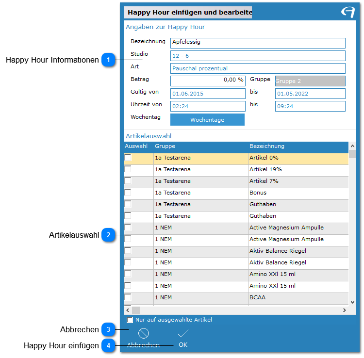 Aidoo Manage - Artikelverwaltung Happy Hour einfügen/bearbeiten