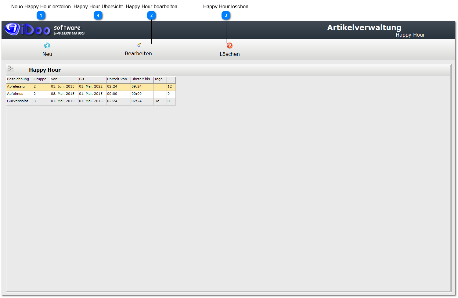 Aidoo Manage - Artikelverwaltung HappyHour