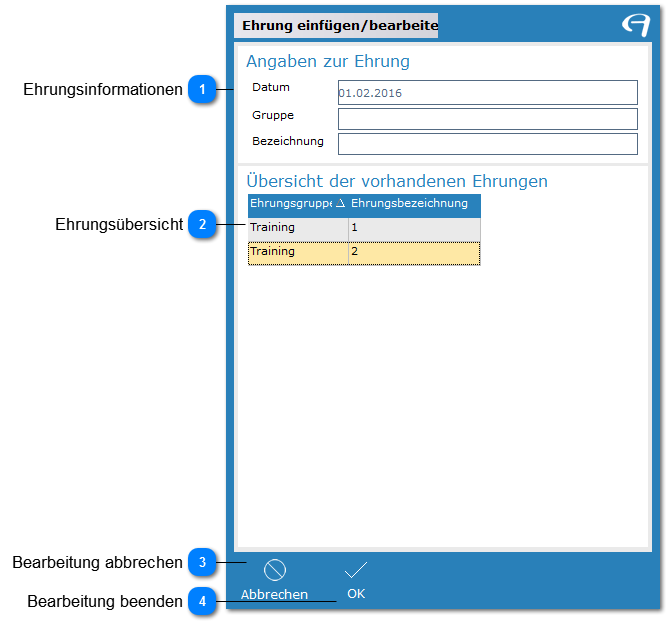 Aidoo Manage - Ehrung einfügen/bearbeiten