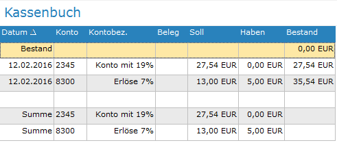 3. Kassenbuch Übersicht