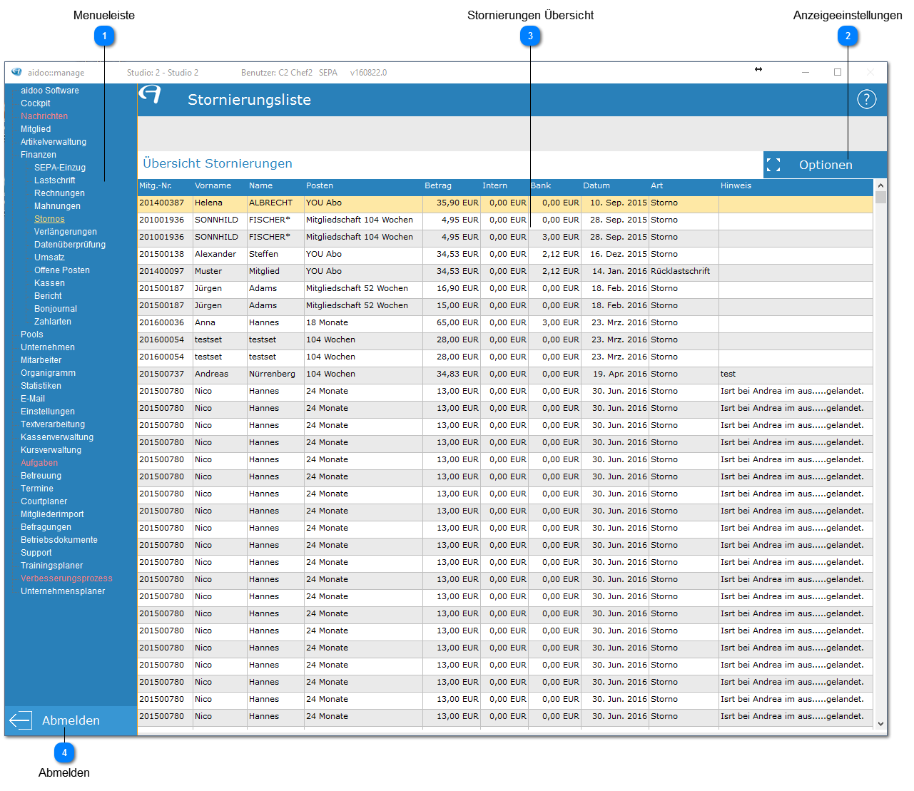 Aidoo Manage - Finanzen Stornos
