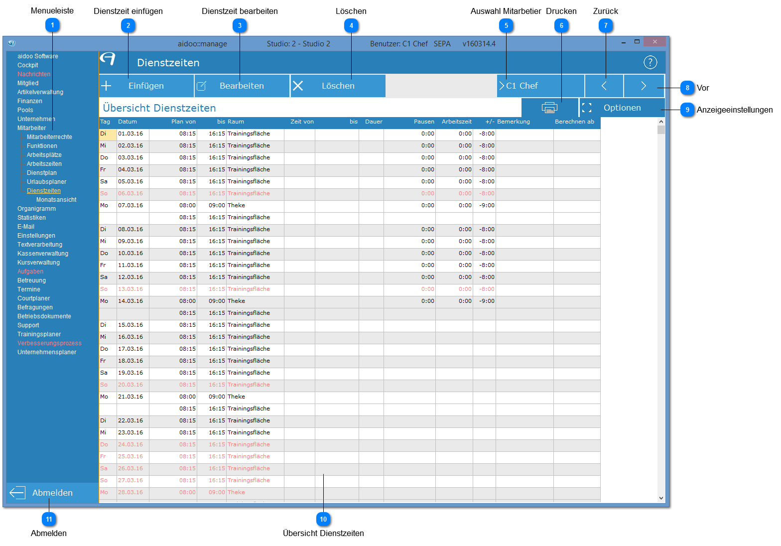 Aidoo Manage - Mitarbeiter Dienstzeiten