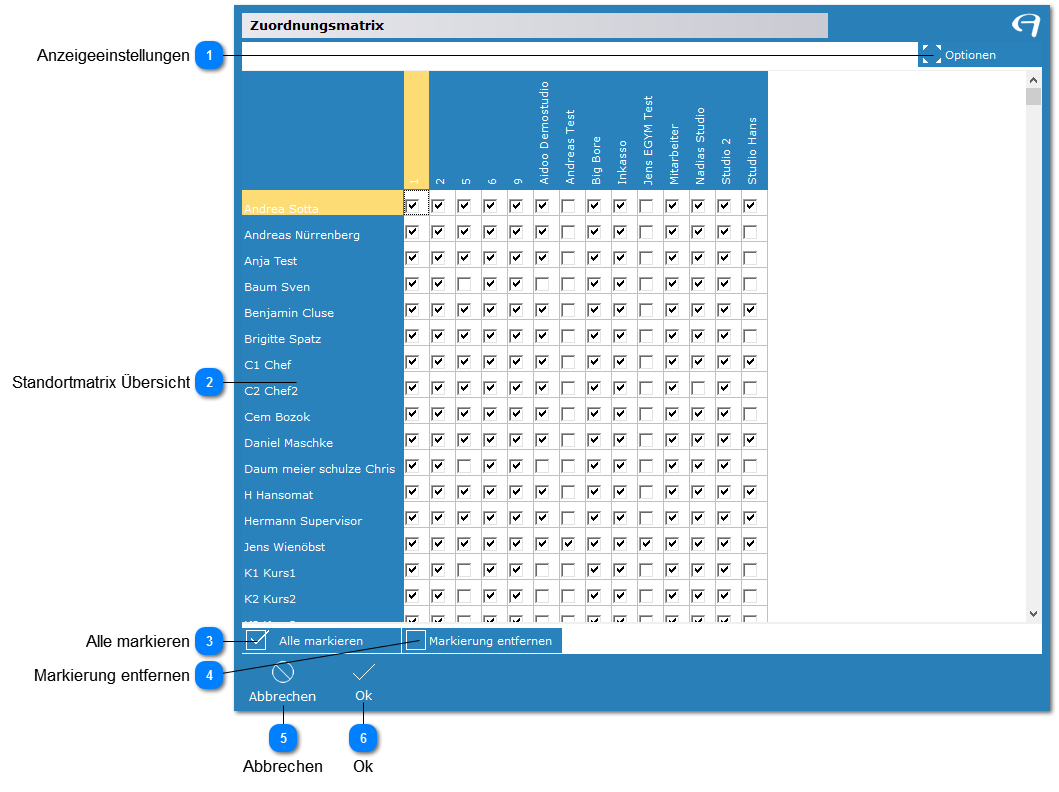 Aidoo Manage - Mitarbeiterrechte Standortmatrix