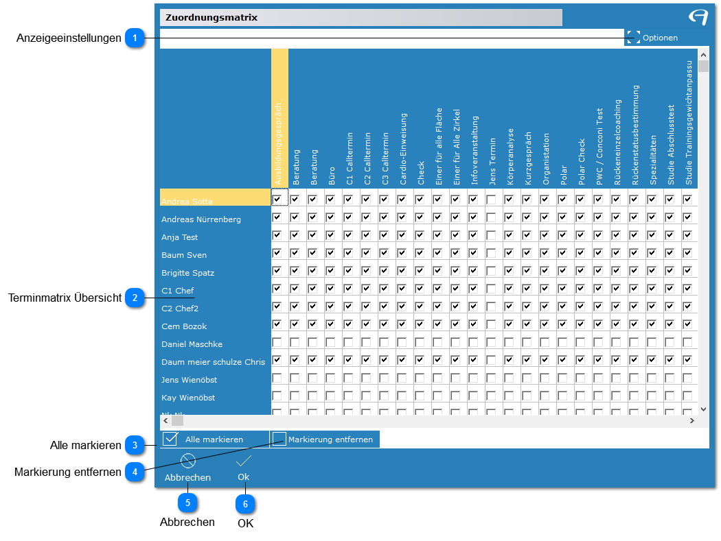 Aidoo Manage - Mitarbeiterrechte Terminmatrix