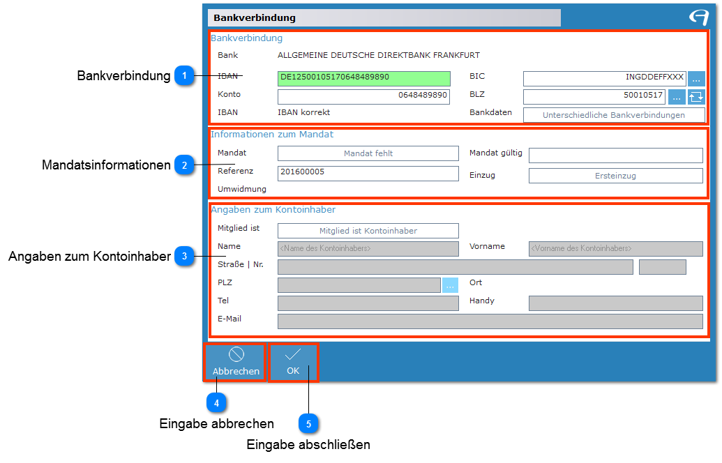 Aidoo Manage - Mitglied Funktionsleiste Bankverbindung