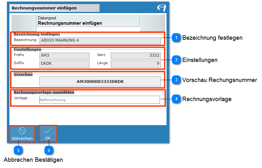 Aidoo Manage - Pools Nummernkreise Rechnungsnummer einfügen/bearbeiten