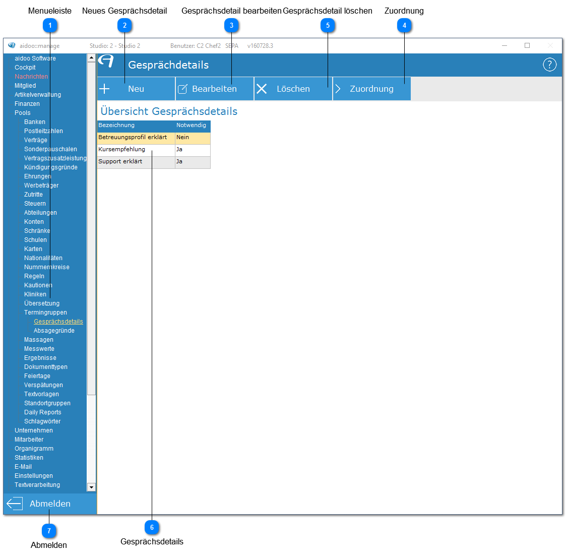 Aidoo Manage - Pools Termingruppen Gesprächsdetails