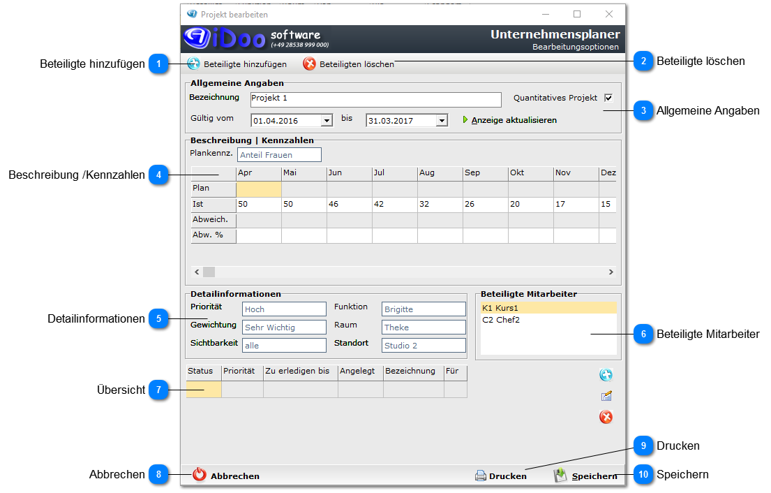 Aidoo Manage - Unternehmensplaner Projekt anlegen/bearbeiten 