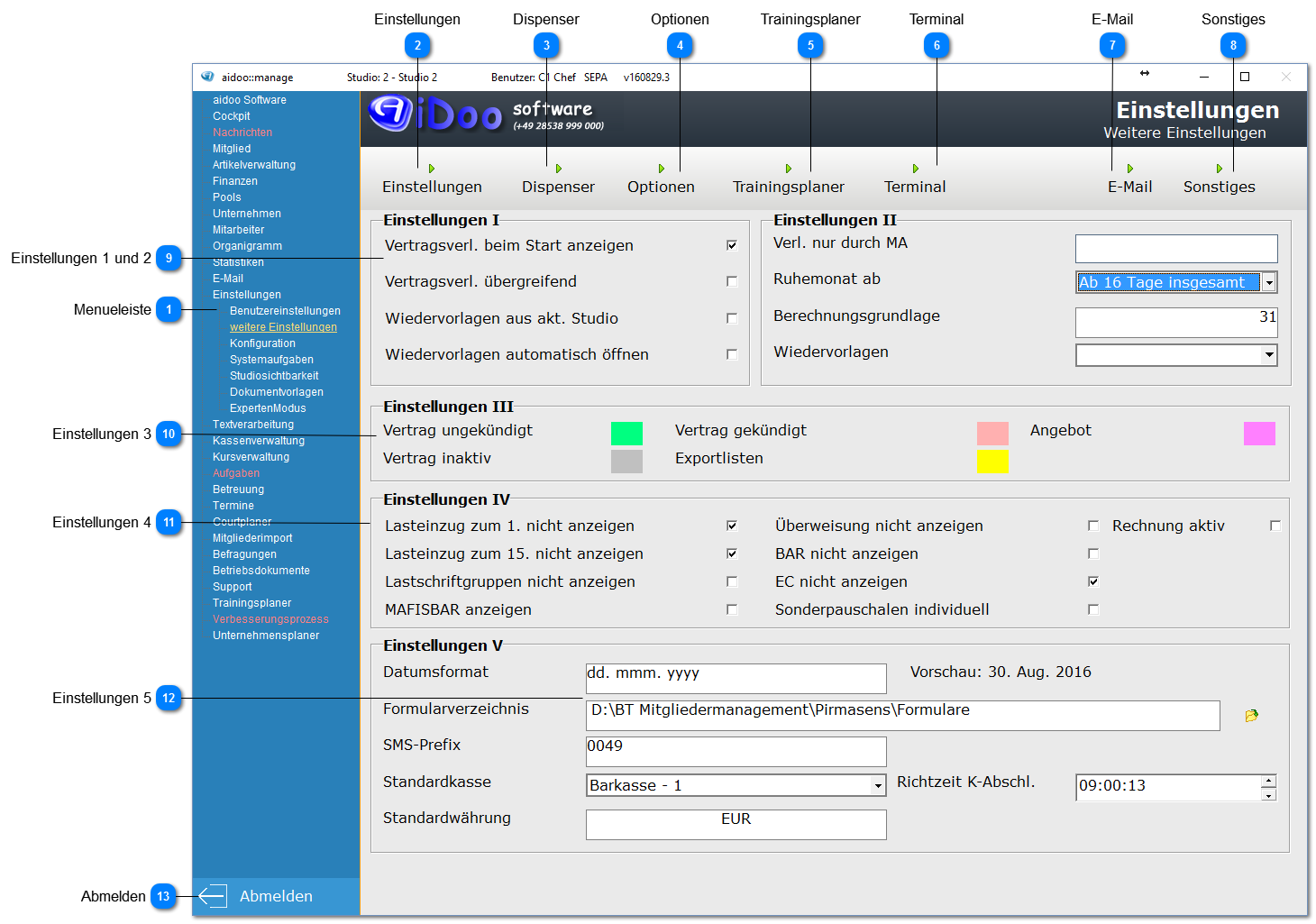 Aidoo Manage - weitere Einstellungen Optionen