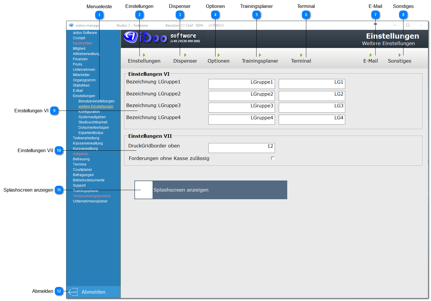 Aidoo Manage - weitere Einstellungen Sonstiges